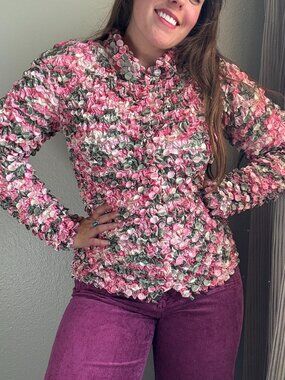 PRICE FIRM Y2K 00s Pink Floral Button Down Scrunchy Stretchy Popcorn Top Small